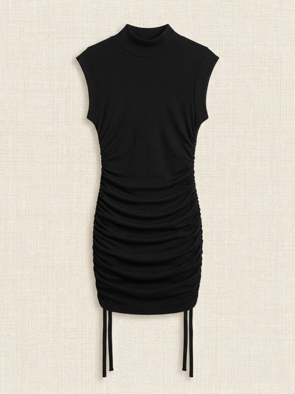 Black Ruched Sleeveless Mock-Neck Dress